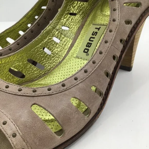 GLAM Size 9 Tsubo Sandals Heels Pumps Open Toe Strappy Taupe Gold Lined Ankle - Picture 12 of 13